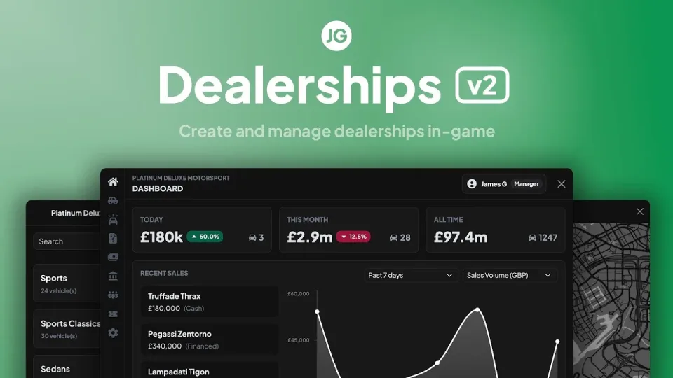 JG Dealerships v2: Player-Owned Car Showrooms FiveM script preview
